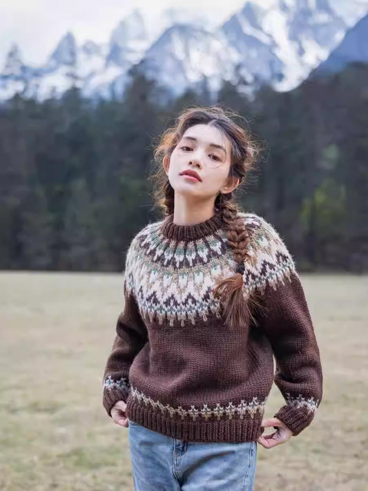 「Wool Signature」Deep Brown Nordic Yoke Wool Sweater (100% Wool)