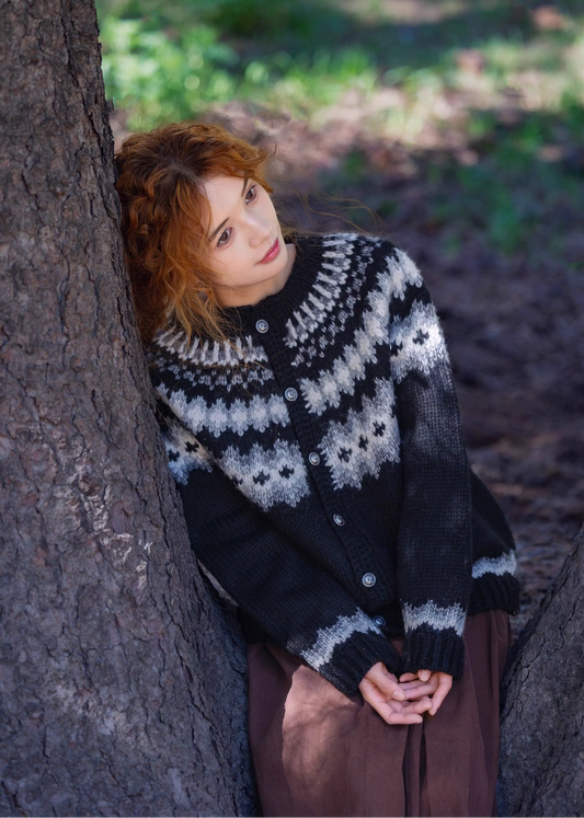 「Cotton Essentials」Black Nordic Fair Isle Hand-Knit Button Cardigan