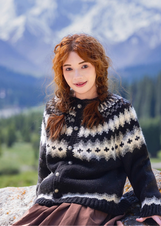 「Cotton Essentials」Black Nordic Fair Isle Hand-Knit Button Cardigan
