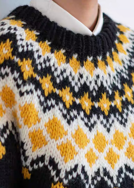 「Wool Signature」Black Nordic Fair Isle Wool Sweater – Chunky Knit (100% Wool)