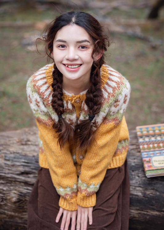 「Cotton Essentials」Mustard Nordic Jacquard Cardigan – Cozy Cotton Blend (Button Front)
