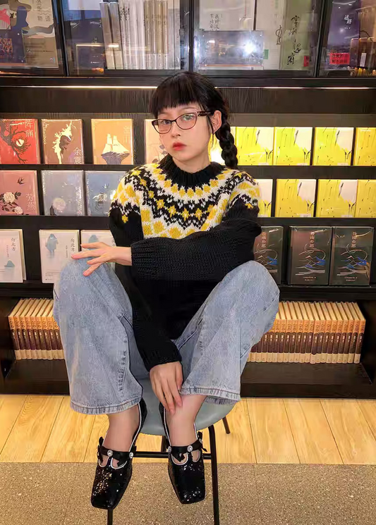 「Wool Signature」Black Nordic Fair Isle Wool Sweater – Chunky Knit (100% Wool)