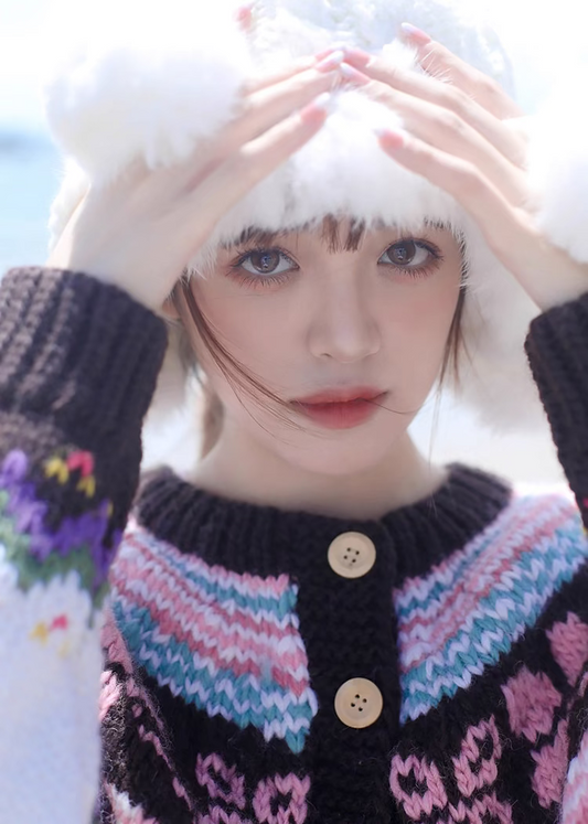 「Wool Signature」Sakura Fair Isle Wool Cardigan (Ivory) – Handcrafted Knit