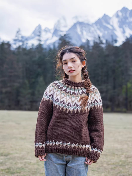 「Wool Signature」Deep Brown Nordic Yoke Wool Sweater (100% Wool)