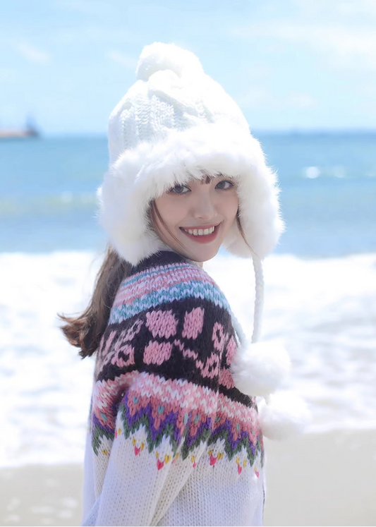 「Wool Signature」Sakura Fair Isle Wool Cardigan (Ivory) – Handcrafted Knit