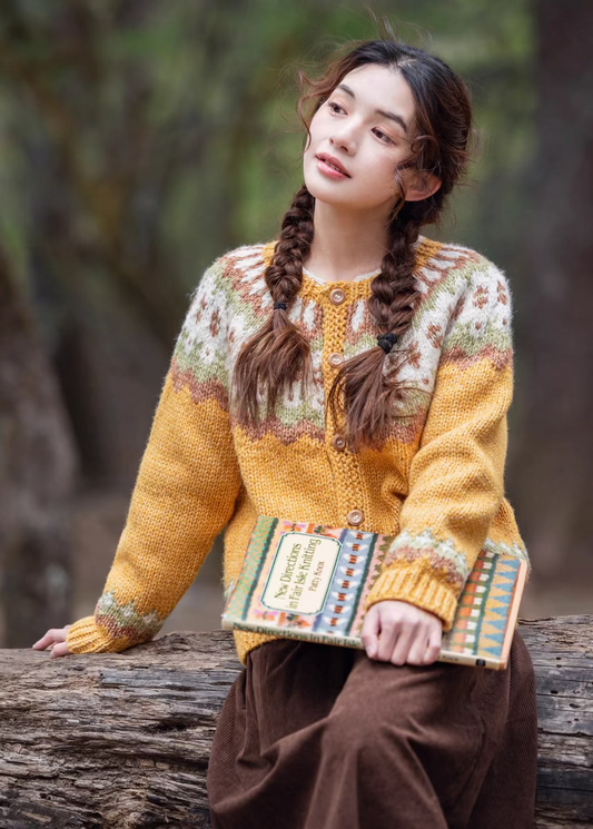 「Cotton Essentials」Mustard Nordic Jacquard Cardigan – Cozy Cotton Blend (Button Front)